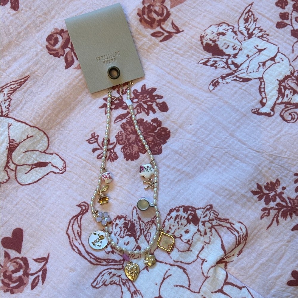 Urban Outfitters Gold and White Charm Tea Party Necklace
